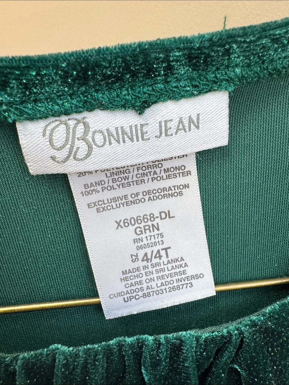 Bonnie Jean Emerald Green Velvet Holiday Dress with White Trim